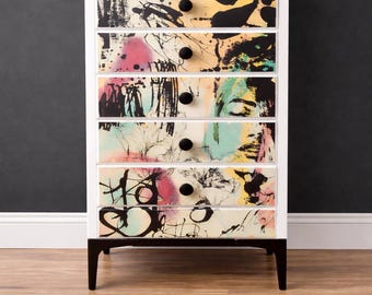 Midcentury Retro Tall Boy Chest Of Drawers White Graffiti Painted Upcycled Commission Available