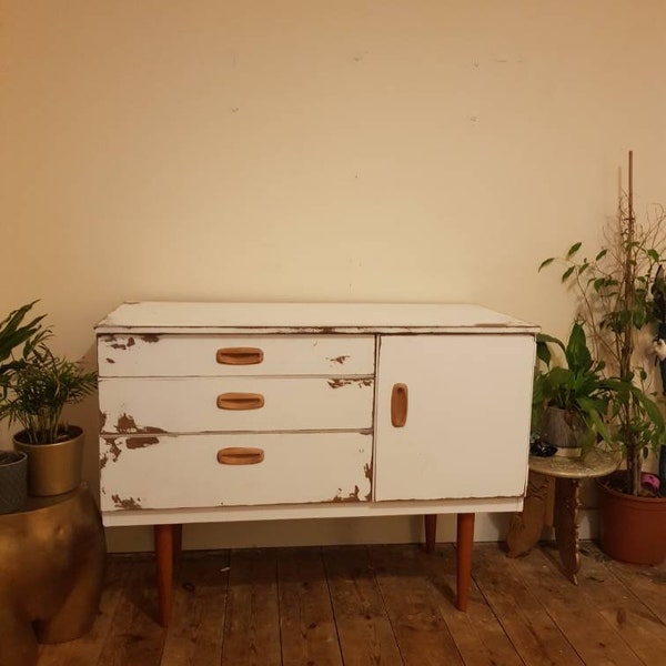 Vintage Schreiber Midcentury Upcycled Teak Sideboard Cabinet. Painted White. 1960s Home