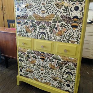 Stag Chest of Drawers Painted Yellow with Moths and Bee Print. Retro Vintage Bedroom Furniture Sold. PAINT TO ORDER