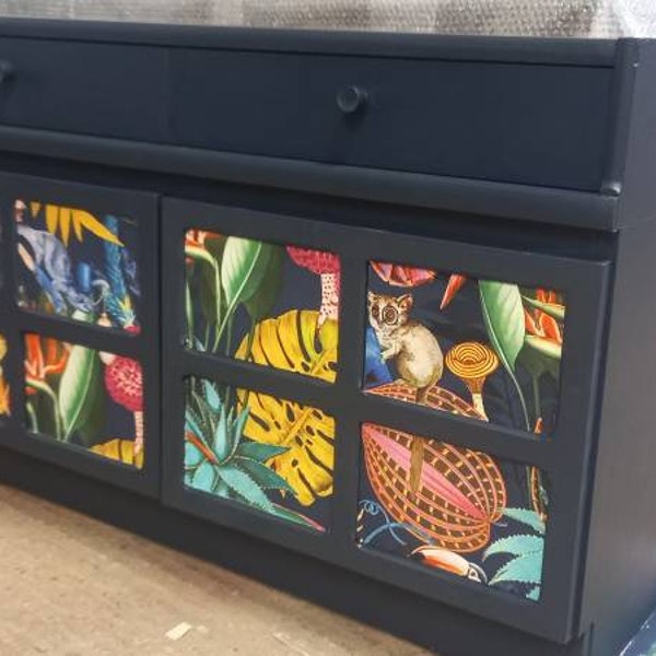 Midcentury Nathan Squares Sideboard in Navy and Tropical Print. Upcycled Painted Living Dining Room Furniture. Sold Message For Commission