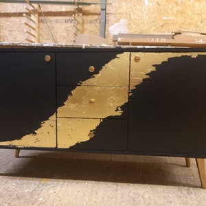 Midcentury Sideboard TV Unit. Black and Gold Leaf Painted Upcycled Furniture. Sold as a Commission.