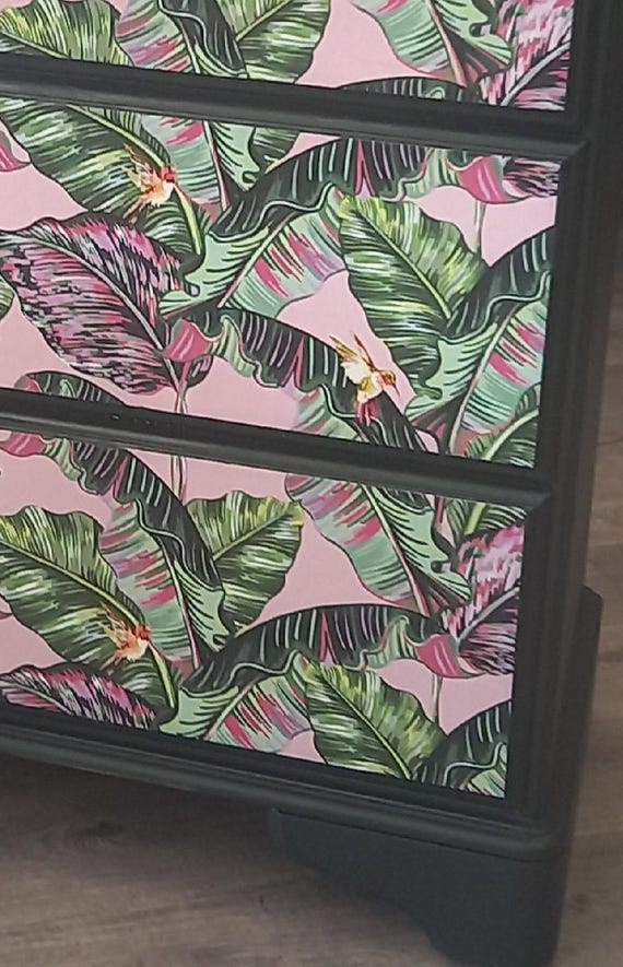 Chest of Drawers. Dark Green and Pink Leaf Print. Upcycled Painted Bedroom  Furniture - Etsy