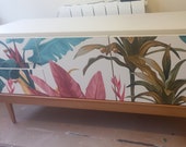 Midcentury Retro Sideboard in White and Tropical Plant Print. Living Room Painted Upcycled Furniture