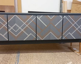 Upcycled Ercol Sideboard: Vintage Painted Cabinet with Geometric Print