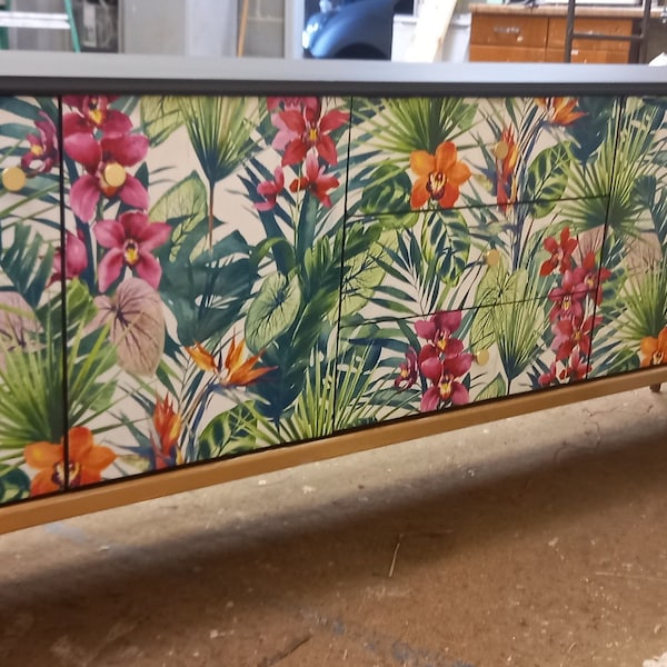 Sideboard in Black and Tropical Flower Print. Painted Upcycled Furniture. SOLD Commissions Available. Living Room