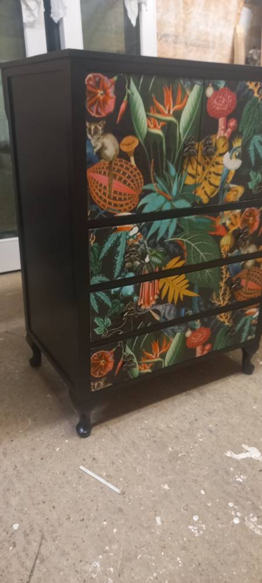 Tall Boy With Drawers. Cupboard Storage. Tropical Bird Print