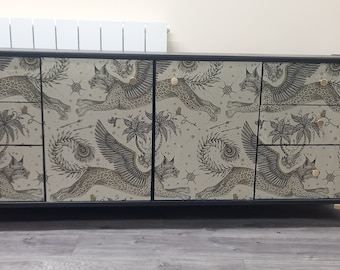 Midcentury Sideboard. Black and Gold Gilver Lynx Print. Painted Upcycled Dining Living Room.