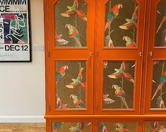 Triple Large Pine Wardrobe. Orange Gold Bird Print Upcycled Painted Bedroom Furniture Sold Message For Commission