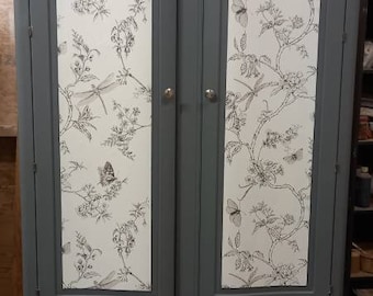 Vintage Wardrobe Armoire in Grey White Butterfly Bird Print. Painted Upcycled Bedroom Furniture