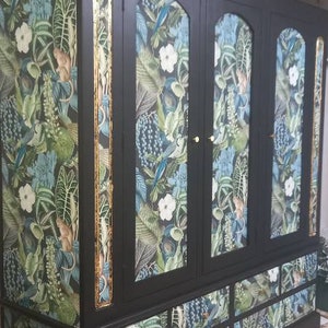 Triple Wardrobe Armoire. Matt Black Green Tropical Print. Upcycled Painted Bedroom Furniture