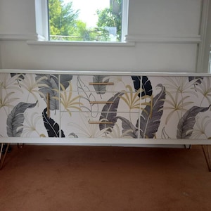 Midcentury Sideboard in a Black and Gold Tropical Print. Upcycled Painted Furniture Commissions Taken. Sold