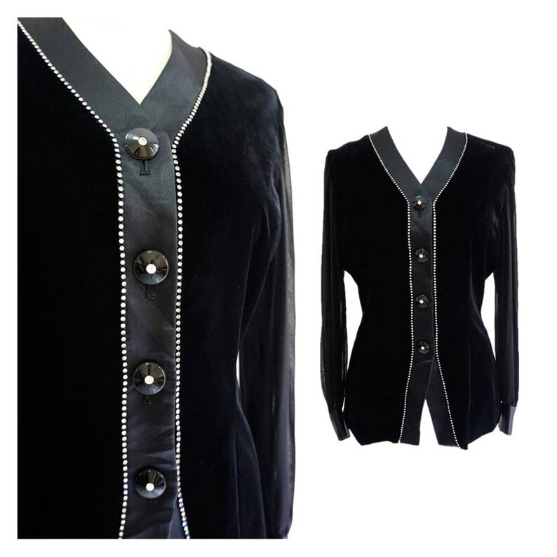 Unique 80s Velvet black suit long sleeves jacket in black size SM.Vintage classy pockets women outfit.LaZLeP Y75C56