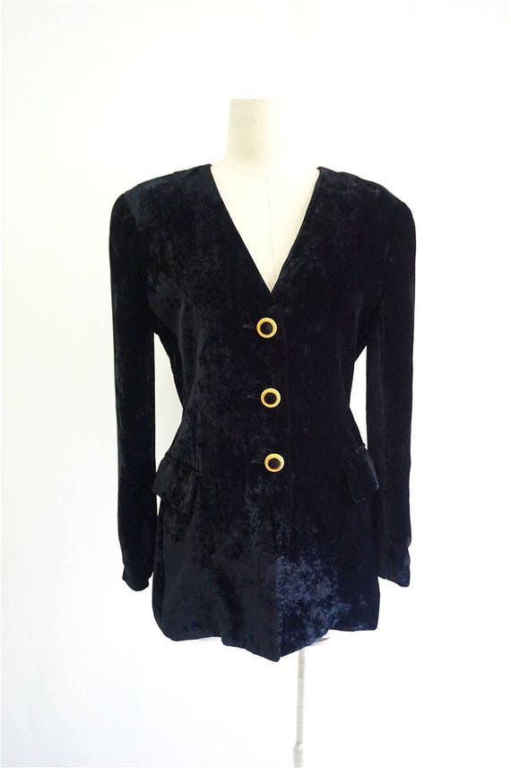 Unique 80s Velvet black suit long sleeves jacket in black size SM.Vintage classy pockets women outfit.LaZLeP Y75C56