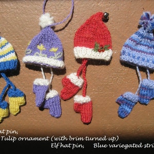 Pattern for 4 tiny knitted hats with dinky mittens. Suitable for intermediate knitters.