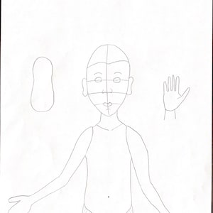 Puede incluir: Un dibujo a línea de una persona con la cara dividida, los brazos extendidos y un contorno de cuerpo simple. La persona lleva una prenda simple con un dibujo a línea de un ombligo.