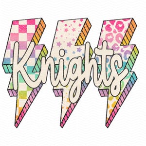 Op de afbeelding: Een grafisch ontwerp met het woord Knights in een wit cursief lettertype, geplaatst over drie bliksemschichtvormen. De schichten tonen een ruitpatroon, een sterrenpatroon en een luipaardprint, allemaal in een levendig regenboogpalet.