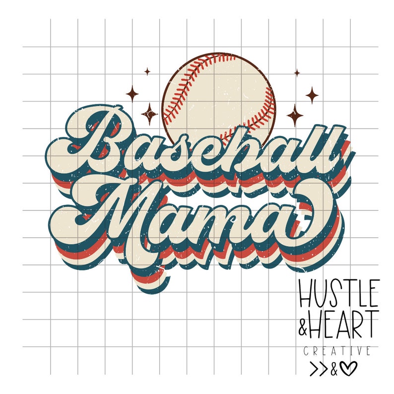 Op de afbeelding: Retro-grafisch ontwerp met de tekst "Baseball Mama" in een kleurrijk, gelaagd lettertype. Een baseball met rode naden is boven de tekst afgebeeld.