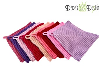 Potholders crocheted in rib pattern - 1 pair (2 pieces) - pink-red-violet tones