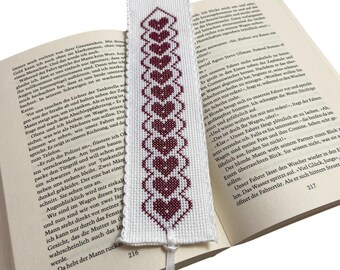 Embroidered bookmark with hearts in burgundy