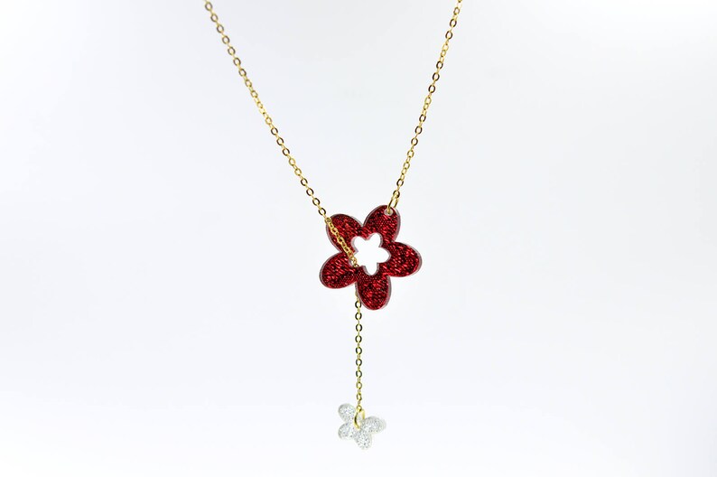 Silver Glitter Butterfly Y Necklace Red Glittler Flower Drop Necklace Lariat Necklace Designer Necklace Laser Cut Acrylic Jewelry