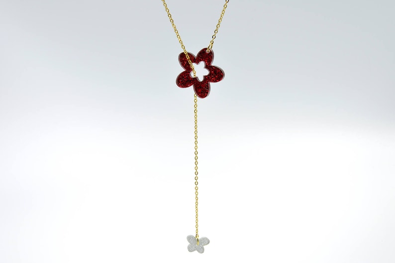 Silver Glitter Butterfly Y Necklace Red Glittler Flower Drop Necklace Lariat Necklace Designer Necklace Laser Cut Acrylic Jewelry