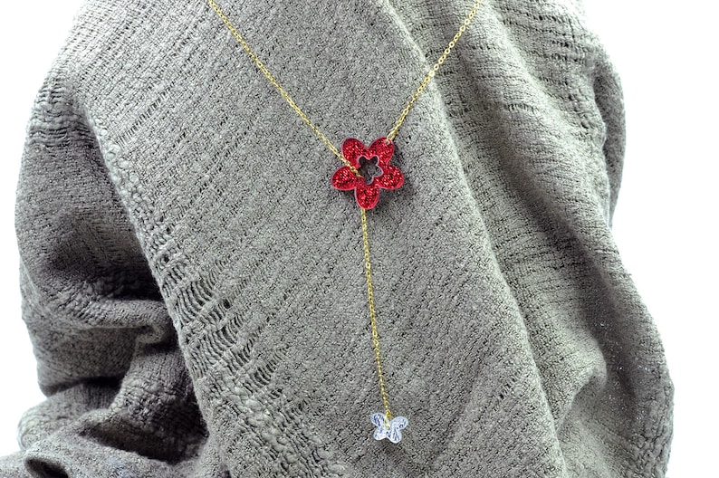 Silver Glitter Butterfly Y Necklace Red Glittler Flower Drop Necklace Lariat Necklace Designer Necklace Laser Cut Acrylic Jewelry