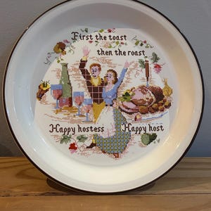 Vintage Barratts of Staffordshire 26cm Plate - "First the Toast Then the Roast" Cross Stitch Sampler Design, Retro Cottagecore Kitchen Decor