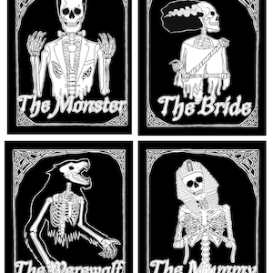May include: Four black and white illustrations of skeletons in different poses. The Monster, The Bride, The Werewolf, and The Mummy are the titles of each illustration.