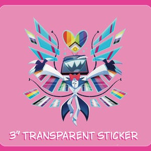 May include: A 3-inch transparent sticker featuring a cartoon character with a television screen head, a red bowtie, and large wings composed of various colorful pride flag patterns. A rainbow heart floats above the character's head.