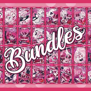 Może przedstawiać: Różowo-biała grafika z wieloma ilustracjami postaci w siatce. Słowo "Bundles" jest napisane kursywą pośrodku obrazu. Ogólnym tematem jest kolekcja grafik postaci.
