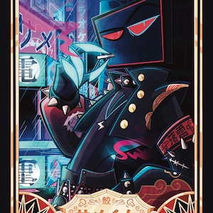 Pode incluir: Uma ilustra&ccedil;&atilde;o digital de um personagem com cabe&ccedil;a de tela de televis&atilde;o preta, olhos vermelhos e uma jaqueta preta com espinhos. O personagem est&aacute; em uma rua urbana com luzes neon e texto japon&ecirc;s. A moldura inferior inclui "サメくん" e "KBBIRDY".