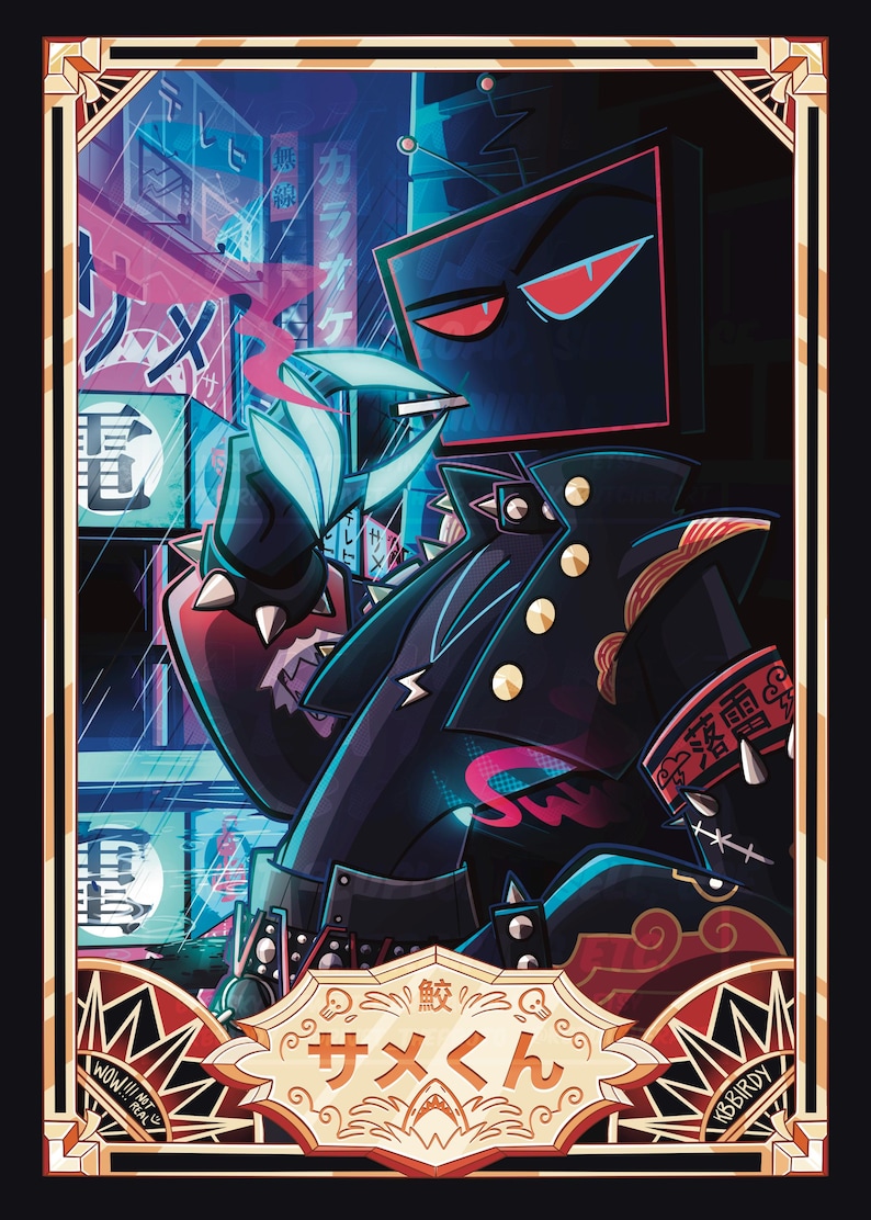 Pode incluir: Uma ilustra&ccedil;&atilde;o digital de um personagem com cabe&ccedil;a de tela de televis&atilde;o preta, olhos vermelhos e uma jaqueta preta com espinhos. O personagem est&aacute; em uma rua urbana com luzes neon e texto japon&ecirc;s. A moldura inferior inclui "サメくん" e "KBBIRDY".