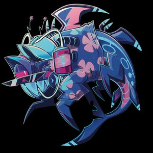 May include: A stylized graphic illustration of a creature with sharp teeth, wearing sunglasses and a blue shirt with a pink flower pattern. The character features mechanical-looking headgear, antennae, and pointed fins, rendered in shades of blue, pink, and purple against a solid black background.