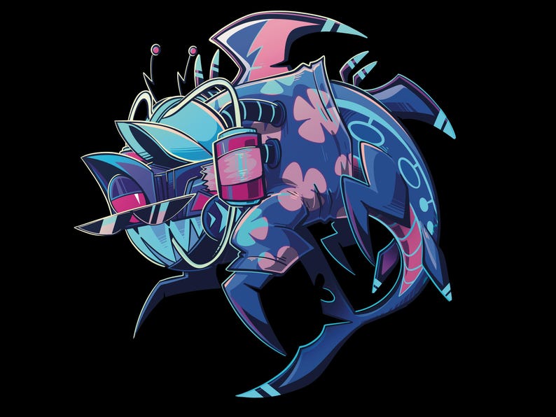 May include: A stylized graphic illustration of a creature with sharp teeth, wearing sunglasses and a blue shirt with a pink flower pattern. The character features mechanical-looking headgear, antennae, and pointed fins, rendered in shades of blue, pink, and purple against a solid black background.