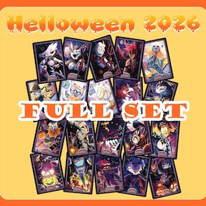 Könnte beinhalten: Eine Sammlung von zwanzig rechteckigen Sammelkarten mit verschiedenen animierten Charakteren in Halloween-Kostümen. Der Text HELLOWEEN 2026 und FULL SET ist in Orange dargestellt. Die Website kbutcherart.etsy.com ist vertikal aufgedruckt.