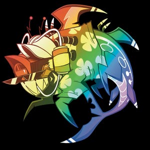 May include: A stylized illustration of a shark wearing a rainbow-colored Hawaiian shirt with a floral pattern. The shark features sharp teeth, a visor, and headphones, with a vibrant gradient color scheme transitioning from red to purple.