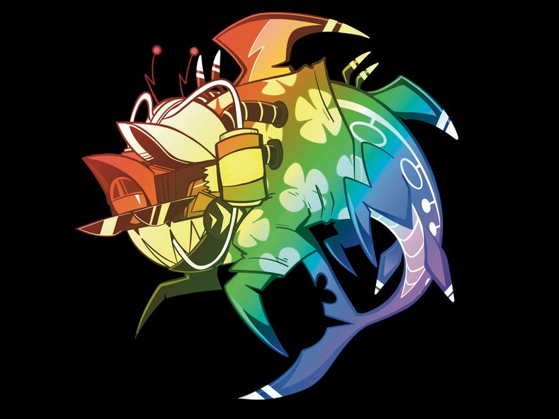 May include: A stylized illustration of a shark wearing a rainbow-colored Hawaiian shirt with a floral pattern. The shark features sharp teeth, a visor, and headphones, with a vibrant gradient color scheme transitioning from red to purple.