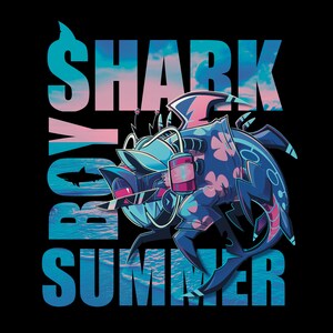 May include: A graphic design featuring a stylized shark character wearing sunglasses and a floral shirt, set against a black background. The text SHARK BOY SUMMER is overlaid in large blue letters with a sunset and ocean water pattern inside.