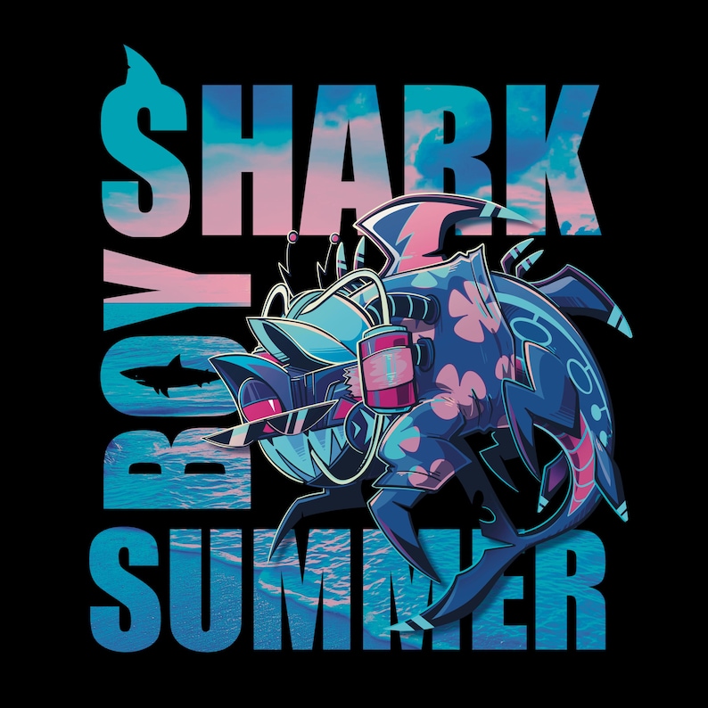 May include: A graphic design featuring a stylized shark character wearing sunglasses and a floral shirt, set against a black background. The text SHARK BOY SUMMER is overlaid in large blue letters with a sunset and ocean water pattern inside.
