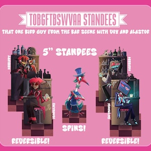 Peut inclure: Un ensemble de figurines de 12,7 cm représentant des personnages animés dans un bar, dont un oiseau avec un haut-de-forme, Alastor et Vox. Le visuel inclut le texte TOBGFTBSWVAA STANDEES, THAT ONE BIRD GUY FROM THE BAR SCENE WITH VOX AND ALASTOR, 5" STANDEES, SPINS! et REVERSIBLE!.