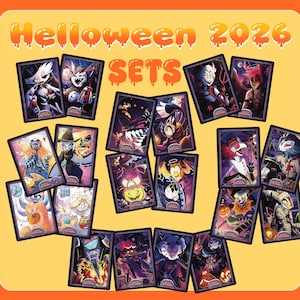 May include: A collection of rectangular trading cards featuring various animated characters in Halloween costumes, arranged on a yellow background with the text HELLOWEEN 2026 SETS and kbutcherart.etsy.com printed in orange with a dripping effect.