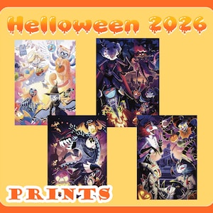 May include: A collection of four rectangular art prints featuring animated characters in Halloween costumes, set against dark and colourful backgrounds. The text HELLOWEEN 2026 PRINTS is displayed in orange, along with the URL kbbutcherart.etsy.com on the side.