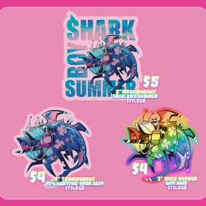 May include: Three die-cut stickers featuring a stylized shark character wearing headphones and sunglasses. One sticker is 4 inches tall with blue tones and text reading SHARK BOY SUMMER. Two 3-inch stickers feature blue and rainbow color schemes.