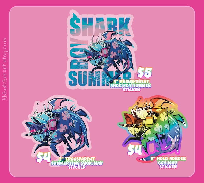 May include: Three die-cut stickers featuring a stylized shark character wearing headphones and sunglasses. One sticker is 4 inches tall with blue tones and text reading SHARK BOY SUMMER. Two 3-inch stickers feature blue and rainbow color schemes.