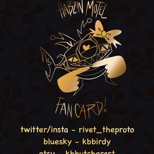 May include: A gold-colored fan card with the text "HABZIN MOTEL" and "FAN CARD!" on a black background with a floral pattern. The card features a stylized shark-like character. Social media handles are listed below.