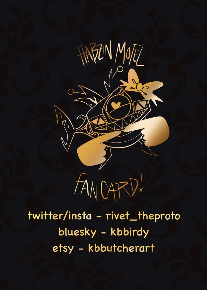 May include: A gold-colored fan card with the text "HABZIN MOTEL" and "FAN CARD!" on a black background with a floral pattern. The card features a stylized shark-like character. Social media handles are listed below.