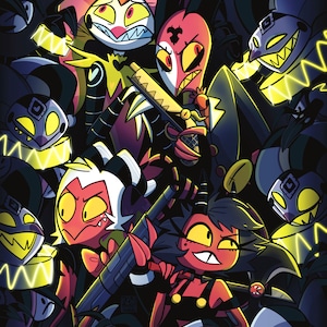 Puede incluir: Un grupo de personajes de dibujos animados con cuernos y colmillos, algunos con trajes blanco y negro, otros con atuendos rojo y negro. Los personajes están rodeados de patrones amarillos y negros.