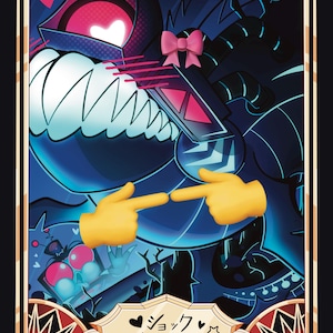 May include: A digital art print featuring a stylized, dark blue character with a heart-shaped eye and a pink bow. Two yellow finger-pointing emojis are in the foreground. The image includes Japanese text and decorative borders.
