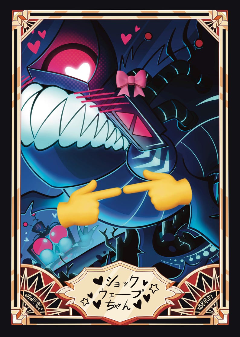 May include: A digital art print featuring a stylized, dark blue character with a heart-shaped eye and a pink bow. Two yellow finger-pointing emojis are in the foreground. The image includes Japanese text and decorative borders.