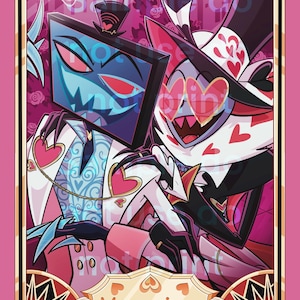 Może przedstawiać: Cyfrowa ilustracja przedstawiająca dwie postacie z kreskówek w romantycznym uścisku. Jedna postać ma ekran telewizora zamiast głowy, druga nosi okulary w kształcie serca. Obraz ma różową obwódkę i słowa "Vee mine".